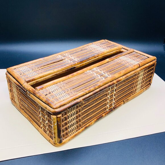 60s Burnt Tortoiseshell Bamboo Tissue Box Cover Midcentury Tiki Boho Bathroom - Picture 1 of 10